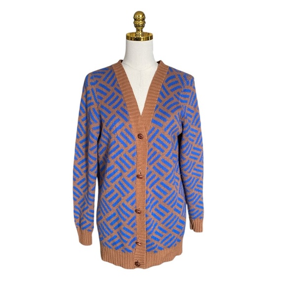 LOUCHE LONDON Womens Blue&Brown Geometric Retro Button Down Knit Cardigan 10 UK - Picture 1 of 7